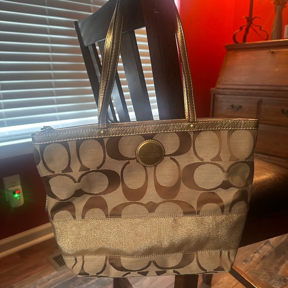Coach Signature Beige and Gold Tote Bag
